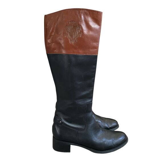 Etienne Aigner Equestrian Riding Boots 7.5M/37.5 Black Brown Leather Knee High - Picture 1 of 10